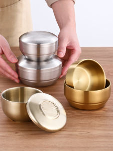 Korean Style 304 Stainless Steel Double Layered Rice Bowl with Lid Home Use Anti-Scalding Soup Bowl Small Cooking Bowl Kimchi Bowl