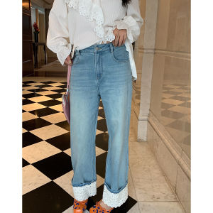 High Waist Lace Splicing Straight Leg Jeans Womens Spring Autumn New plus Size Slimming Denim Pants Gold DaZhi Brand