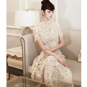 Lace Crochet Sleeveless Waist-Cinching Elegant Dress