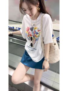 YUEZHONGWEI | American Style Cartoon Graffiti Printed White Round Neck T-shirt