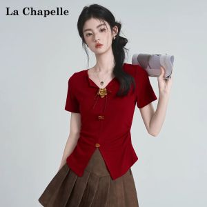 La Chapelle | V-Neck Split Short Sleeve Ruffle Waist Top