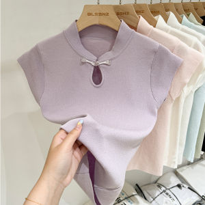 New Chinese Style National Style Buckle Green Short Sleeve Knitwear Womens Summer Cut Out Stand Collar Stylish Niche Style Sleeveless Tops