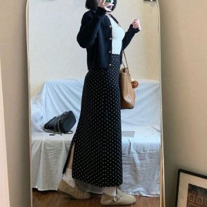 IELGY Womens slit polka dot skirt high waist slimming medium length A-line skirt