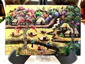 Tranh sơn mài Thanh Bình Lê- ĐỒNG QUÊ nền dát vàng/ bạc size 20x30 cm hàng xuất khẩu nhiều mẫu