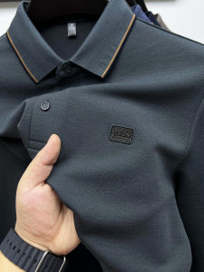 เสื้อยืดคอโปโลผู้ชายผ้าขนสัตว์ระดับไฮเอนด์ แขนยาว ทรงหลวม สไตล์ลำลอง สำหรับฤดูใบไม้ร่วง เสื้อชั้นในสีพื้น ไซส์ใหญ่