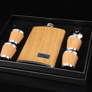 9oz Wood Grain Stainless Steel Flask Set Leak-Proof with 4 Shot Cups Funnel Portable Liquor Flask Gift Set for Men Fathers Day