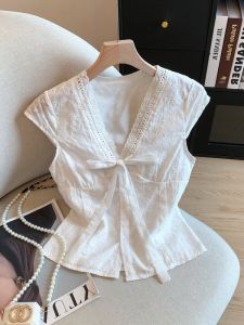 LTST | Lace Trim V-Neck Short Sleeve Sweet Bow Tie Slim Fit Womens Shirt