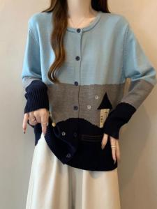 Christmas Tree Sky Blue Womens Knitted Sweater Jacket Shoulder Lengthened Anti-Aging Top plus Size Comfortable Winter Outerwear