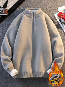 Winter Thickened Fleece Half Zipper Stand Collar Knitted Sweater for Men Youth Loose Warm Fashionable Long Sleeve Crew Neck