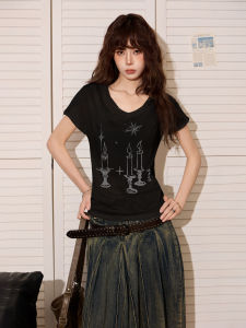 Áo Thun Tay Ngắn Ôm Vừa Vặn Màu Đen Phong Cách Mỹ Cho Nữ Mùa Hè Mỏng Ngắn Tay Áo Cánh Nhỏ Gợi Cảm Cổ Tròn in Họa Tiết