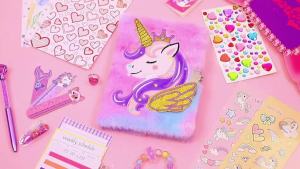 Charming Animal Plush Diary with Lock & Multi-Headed Pen Soft Cover Notebook Set for Girls - Pink with Heart & Butterfly Design Includes Random Stickers & Dotted Pages Perfect for Christmas Birthdays and Back-to-School Gifts School Supplies  Playfu