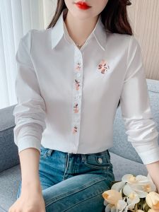 Spring 2025 Pure Cotton Long Sleeve Shirt Fashionable Single Button Floral Embroidery High End Feeling Womens Business Casual Top
