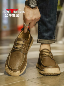 Bull Family Mens Shoes Autumn Genuine Leather Soft Surface High Sensation Casual Leather Shoes Brown Retro Low Help Work Shoes