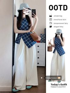 French Style Plaid Waist-Cut out Sleeveless Vest Womens Winter Outerwear Design Unique Elegant Beautiful Strapless Top