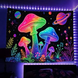 VIKAMA Rainbow Neon Mushroom Wall Tapestry Psychedelic Starry Polyester Tapestry Wall Hanging Bedroom Dorm Decor Fabric