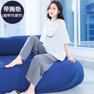 Cute Pure Cotton Summer Sleepwear Womens Short Sleeve Long Pants Home Clothes Set with Chest Pad Anti-Bulge Points Wearable outside