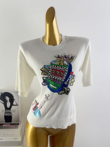 เสื้อยืดคอกลมแขนสั้นปักคริสตัลสไตล์ฝรั่งเศส ทรงหลวม ทรงเข้ารูป ใส่ได้หลากหลาย ผ้าถักนิตติ้ง ผ้าฝ้ายผสมโพลีเอสเตอร์