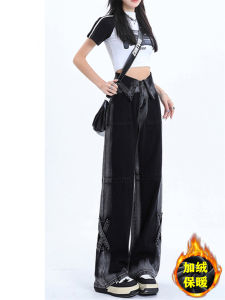 กางเกงยีนส์สตรีขนาดบวกพร้อมขนแกะตัดสําหรับฤดูใบไม้ร่วง/ฤดูหนาวเอวสูงกระชับสัดส่วนเลกกิ้งยืดสําหรับร่างกายรูปลูกแพร์