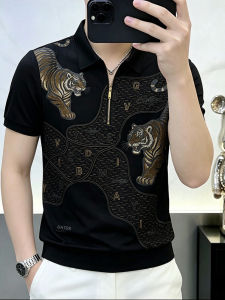 Kawadu | Summer New Fashion Print Rhinestone Slim Fit Half Zip Polo T-Shirt