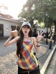 Colorful Plaid Strap Vest Womens Summer Waist-Cinching Chic Outerwear Top Commute Straight Cut Regular Length Overhead