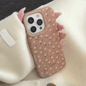 Retro Autumn Full Screen Yellow Flowers Suede Leather Texture Phone Case for iPhone 16 15 14 13 12 11 Pro Max Shockproof Cover