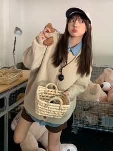 เสื้อสเวตเตอร์ถักสีพื้นสไตล์วิทยาลัยลำลองฤดูใบไม้ร่วง/ฤดูหนาว แจ็คเก็ตสเวตเตอร์คอวีแขนยาวแบบสวมหัวสำหรับผู้หญิง