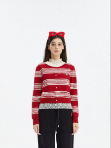 New Fashion Trendy Striped Womens Round Neck Long Sleeve Cardigan Sweater
