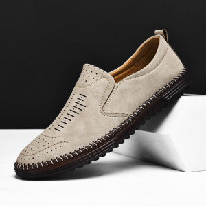 Summer 2025 Large Size Mens Casual Shoes White Leather Breathable Slip-On round Toe Rubber Bottom Fashionable Mens Footwear