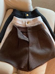 GUZILIAN | Korean Design Thickened Tweed Versatile Womens Shorts Early Autumn New Style Small Gold Button Decoration High Waist Wide Leg Pants