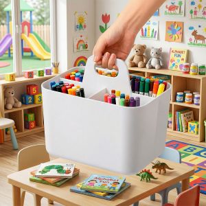 3-Compartment Desktop Storage Box with Handle Portable Makeup Caddy Organizer for Countertop Skincare Office Stationery Bin