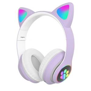 Cute Cat Ear Bluetooth Compatible Headset with LED Wireless Headset Children Girls Stereo Folding Sports Headset with Microphone