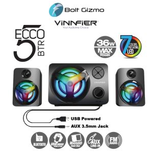 Vinnfier VF ECCO 5 BTU Bluetooth USB Powered 2.1 Speaker LED Lights FM Radio Micro-SD Card Slot
