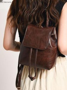 Retro Brown Mini Drawstring Soft Leather Shoulder Bag for Women Versatile Casual British Style Nylon Lining Double Shoulder Backpack