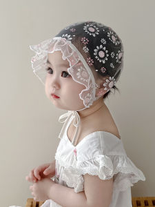 Princess Style Lace Trim Baby Girls Summer Hat Breathable Ties Court Cap Infant Thin Headwear Casual round Top Mesh Fabric
