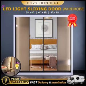 [FREE INSTALL] Almari Baju Full Glass Cermin with LED Light /Mirror Wardrobe Sliding Door Anti Jump Mirror 5ft / 6ft / 8ft 5x8 6x8 8x8 Jeweler Glass Dresser Glass Amber Glass Army Glass - Lazada