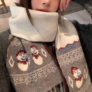 Cute Snowman Grey Knitted Scarf Womens Winter Christmas Korean Style Warm Versatile Student Neck Protection Scarf