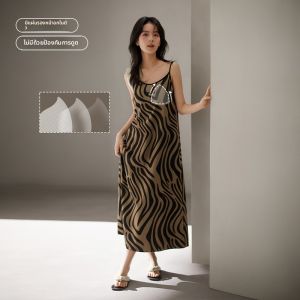 yuenei | ชุดนอนผู้หญิงคอวีแขนกุดผ้าฝ้ายลายเสือดาวยาวคลุมเข่า ชุดนอนฤดูร้อน ชุดนอนลำลองสำหรับกลางแจ้ง ชุดนอนเซ็กซี่