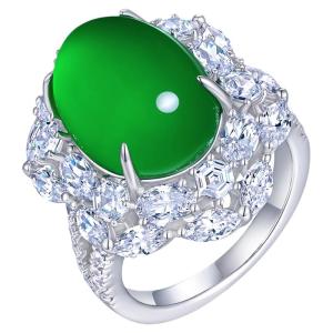 AILEQ | Natural Chalcedony Full Green Egg Shaped Hexagonal Ring 925 Silver
