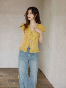 seemon | Áo Blouse Vòng Eo Peplum Họa Tiết Caro Vàng Đẹp Cho Người Đi Làm