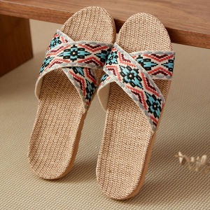 รองเท้าแตะผ้าลินินชายหาดสำหรับใส่ในบ้าน รองเท้าแตะผู้หญิง รองเท้าแตะพื้นนุ่ม กันลื่น ดีไซน์แบบย้อมสีธรรมชาติ รองเท้าแตะแบบสวมสบาย