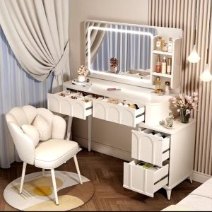 Meja Solek Dresser Makeup Table With LED Mirror Modern Style Drawer Makeup Table Girls Bedroom 奶油风梳妆台卧室现代简约主卧小型化妆桌床头收纳柜书桌镜子一体