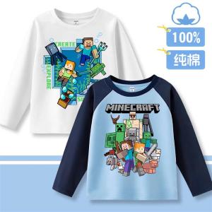 เสื้อยืดแขนยาวผ้าฝ้ายแท้สำหรับเด็กผู้ชาย Minecraft คอกลม ทรงหลวม ระบายอากาศได้ดี สำหรับฤดูใบไม้ร่วงและฤดูหนาว