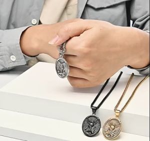 Kemstone Stainless Steel Saint Michael Archangel Pendant Necklace Mens Oval Shield Knight Guardian Pendant Necklaces Jewelry
