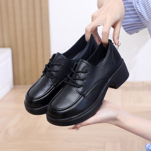 Casual Comfortable Soft Thick Heel Single Shoes Womens Black Anti-Slip Heightening Work Shoes British Style Youth Small Leather Shoes