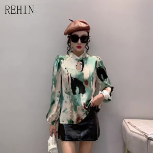 REHIN Áo Nữ Áo Dài Tay Cổ Khoét Lỗ In Họa Tiết Thời Trang Mới Thu Đông Áo Cánh Thanh Lịch Dáng Rộng In Độc Đáo