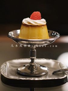 Retro Industrial Style Stainless Steel High Leg Tray Afternoon Tea Caramel Pudding Tray Cake Tray round Shape Fruit Basket