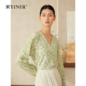 YINER | Elegant V-Neck Silk Printed Womens Blouse