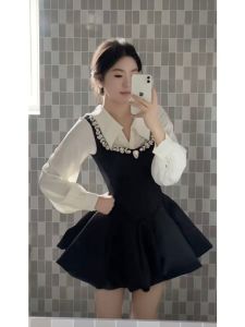 French Elegant Princess Style Dress with Embedded Bricks Heavy Work Sling Waist Shaping Slimming Ball Gown Long Sleeve Dress