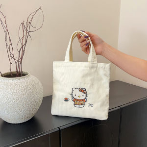 Embroidered Kitty Corduroy Handbag Cute Large Capacity Versatile Work Bag Mommy Bag for Outings Soft Handle Korean Style Square Bag