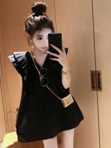 Váy Ngắn Tay Phong Cách Pháp Màu Đen Mùa Hè 2025 Mới Rộng Rãi Thon Gọn Phong Cách Hepburn Cho Nữ Váy Chữ a Không Tay Cổ Chữ V